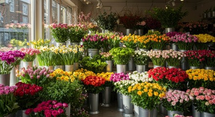 Vibrant flower shop display with various blooms