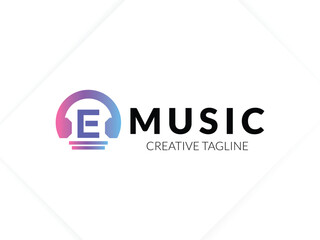 Letter E gradient music logo with headphone for your brand