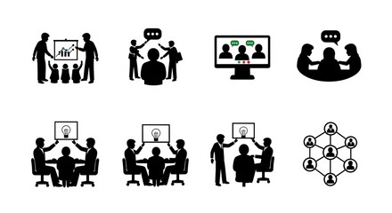 Illustration showing various business meeting scenarios in black and white silhouette style