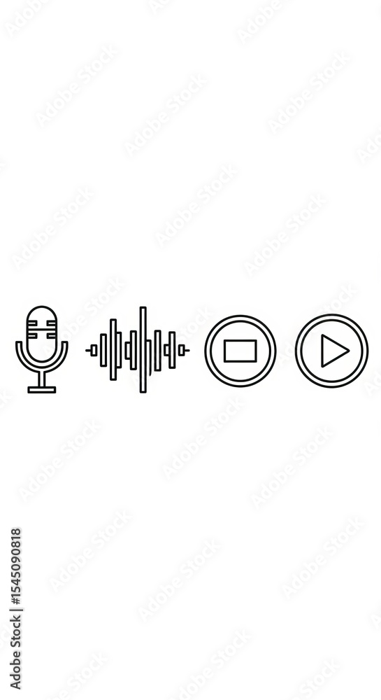 Poster simple line drawing of microphone sound wave stop and play button icons on a white background