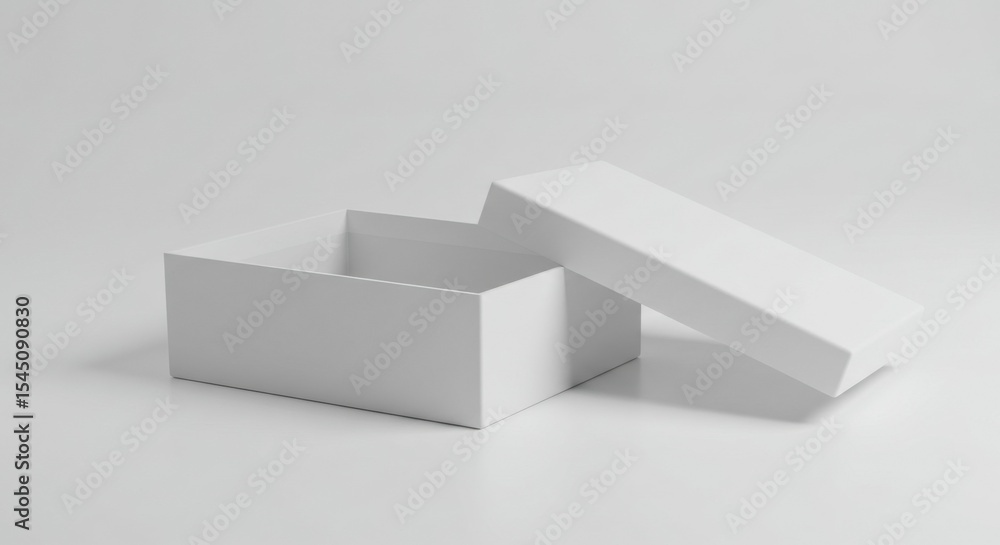 Poster a plain white rectangular box with its lid slightly ajar, rests on a light gray surface