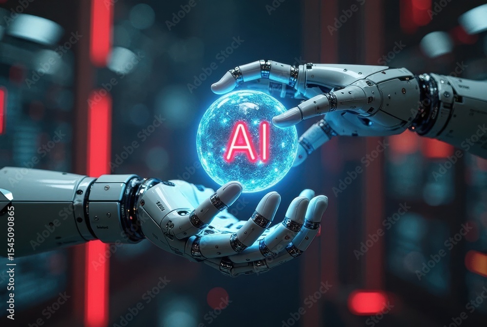 Poster glowing ai orb floats between robotic hands in a futuristic space. radiant colors and mechanical pre