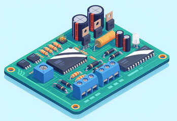 Detailed isometric illustration of an electronic circuit board featuring microchips resistors capacitors and other components ideal for technology and engineering projects