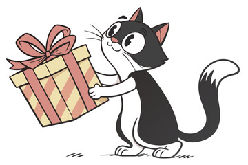 Animated black and white cat cheerfully presents a striped gift with a pink bow