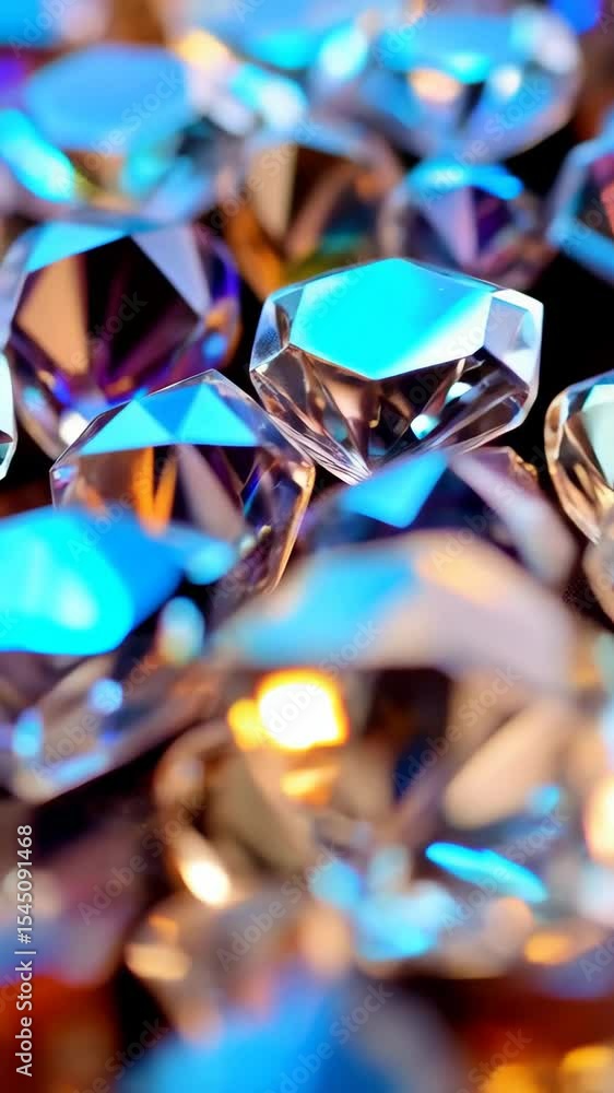 Poster close-up of brilliant sparkling gemstone facets, with dynamic interplay of gold and blue, and refrac