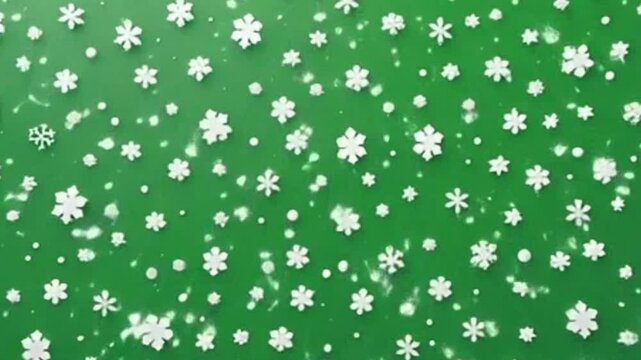 Seamless green pattern with snowflakes, stars, and floral ornaments for winter holiday decoration.