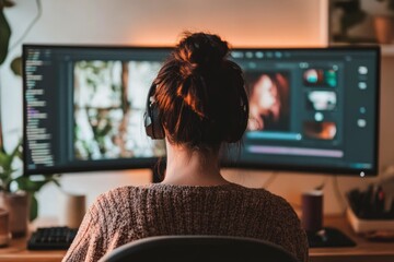Woman with headphones edits video on large monitor, focused on post-production work.
