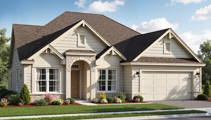 Modern single-family home with landscaped front yard and driveway  