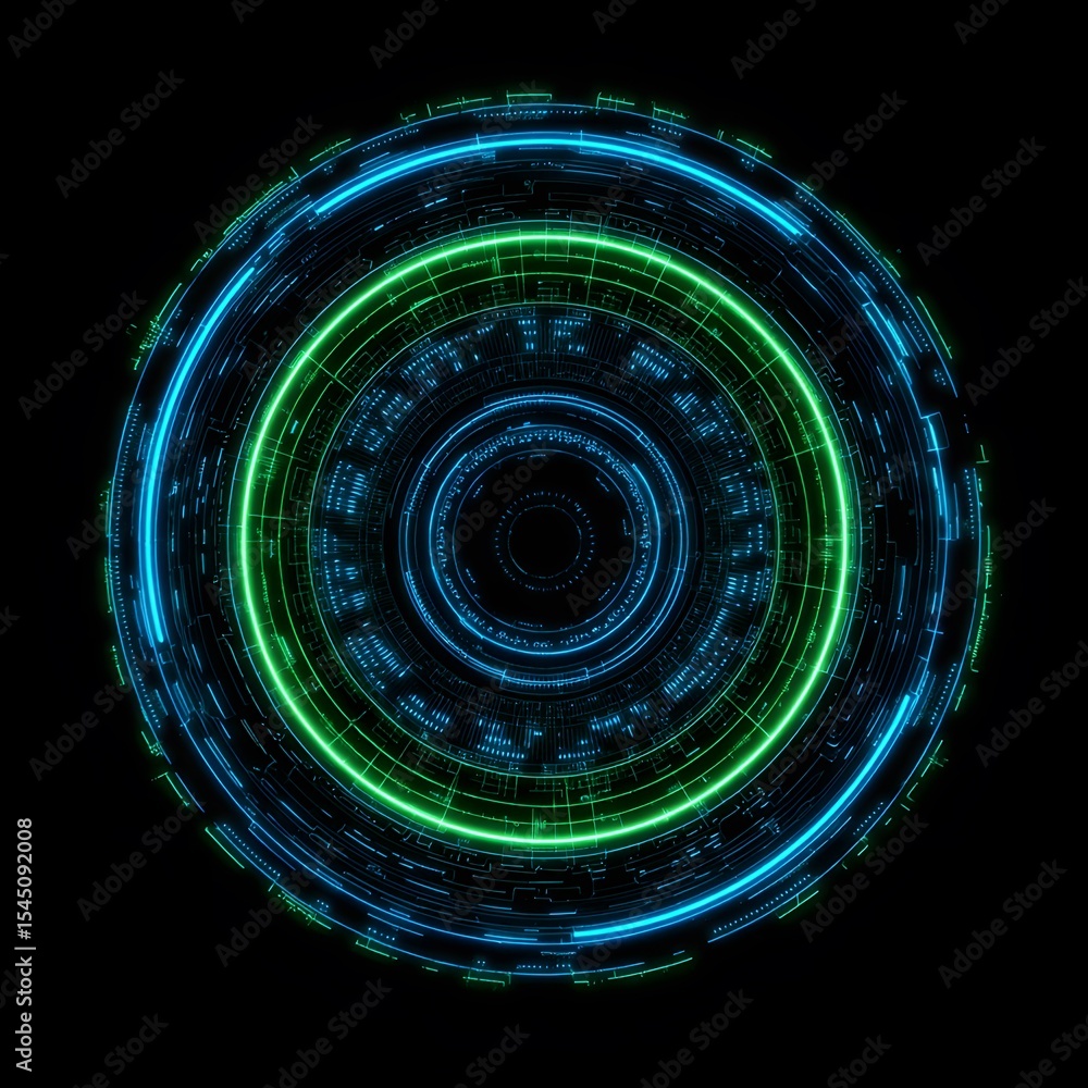 Fototapete 4K blue circular animation separated from a black green screen background, used for HUD interface element design. Circular core and electronic circuit animation for futuristic HUD elements. Virtual in