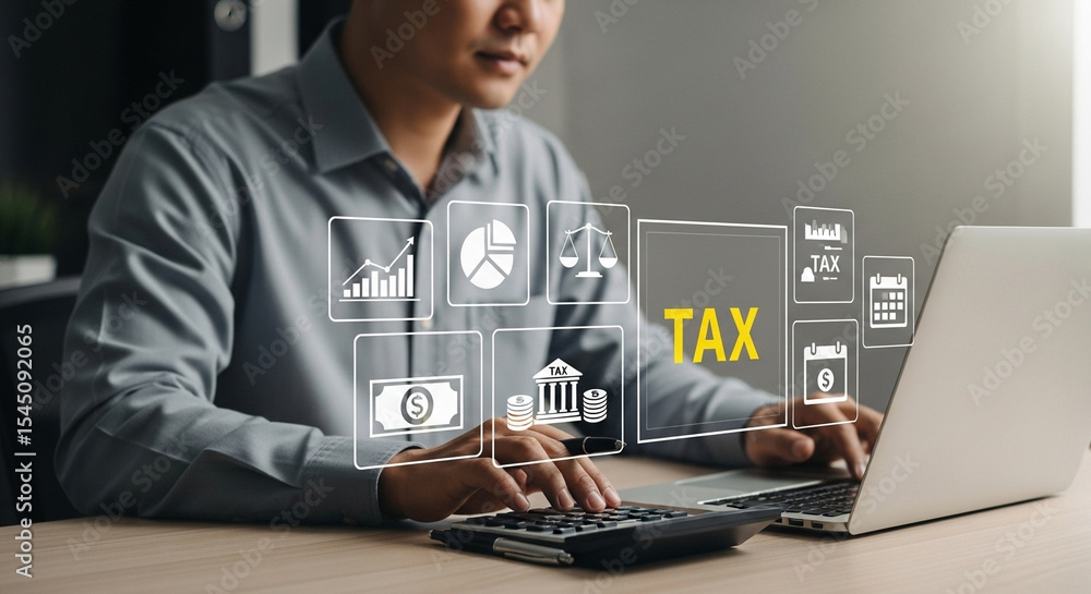 Poster man calculating taxes with laptop and calculator surrounded by tax related digital icons