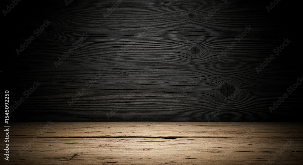 Poster dark brown wooden wall background with lighter wooden surface at the bottom, creating a rustic and t