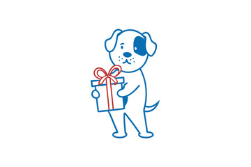 A charming puppy holds a square gift box tied with an elegant red ribbon