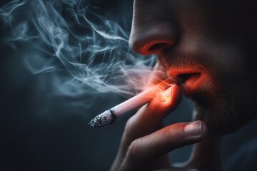 Obraz premium Close-up of a person smoking a cigarette with wisps of smoke against a dark background