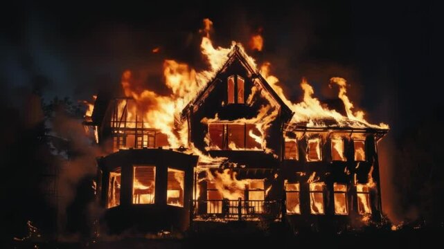 Burning house at night, intense flames engulfing building, dramatic fire disaster scene.
