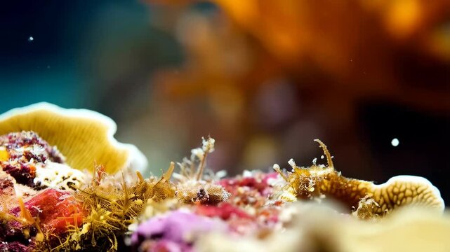 Brilliantly colored nudibranch glides over a vibrant coral reef with an orange fish in the background in a tropical ocean.