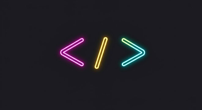 Neon Code Symbols on Dark Background