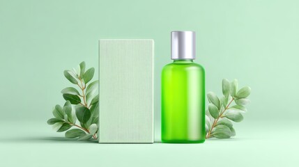 Green Glass Bottle and Packaging Mockup on Light Green Background