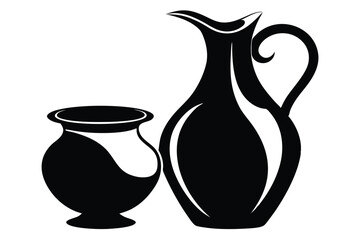 Black Silhouette Elegant Pitcher and Vase Illustration, Decorative Pottery Artwork, Design Elements