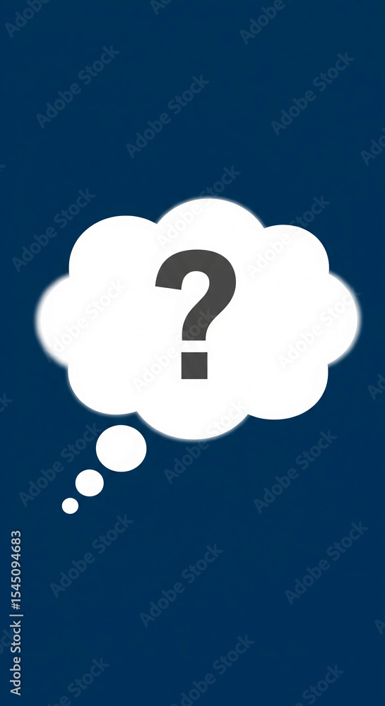 Poster white thought bubble with dark gray question mark on dark blue background, symbolizing inquiry, unce