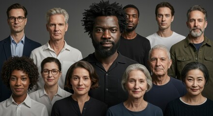Diverse group portrait showcasing a range of ages, ethnicities, and expressions.  Individuals gaze directly at the viewer