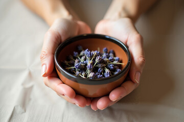 A close-up of two hands holding a small handmade bowl filled with dried lavender sprigs.