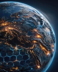 Illuminated Earth Globe at Night with Digital Network Overlay