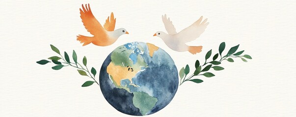 the image depicts a watercolor style scene featuring a round depiction of the world, rendered in hues of blue and green for the water and landmasses respectively