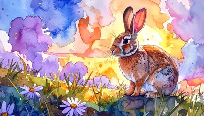 Brown rabbit sits peacefully on a grassy hilltop at sunrise, depicted in watercolor style landscape