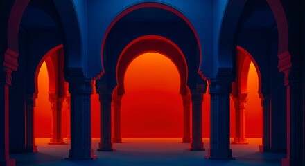 A digitally rendered hall with vibrant orange and blue lighting, featuring numerous arches and pillars in a Moorish style