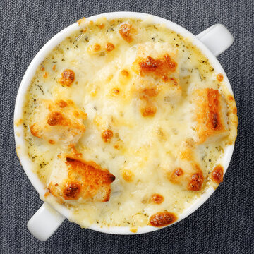 France - Onion soup. Prepared on the basis of meat broth with onions and cheese, served with croutons top view