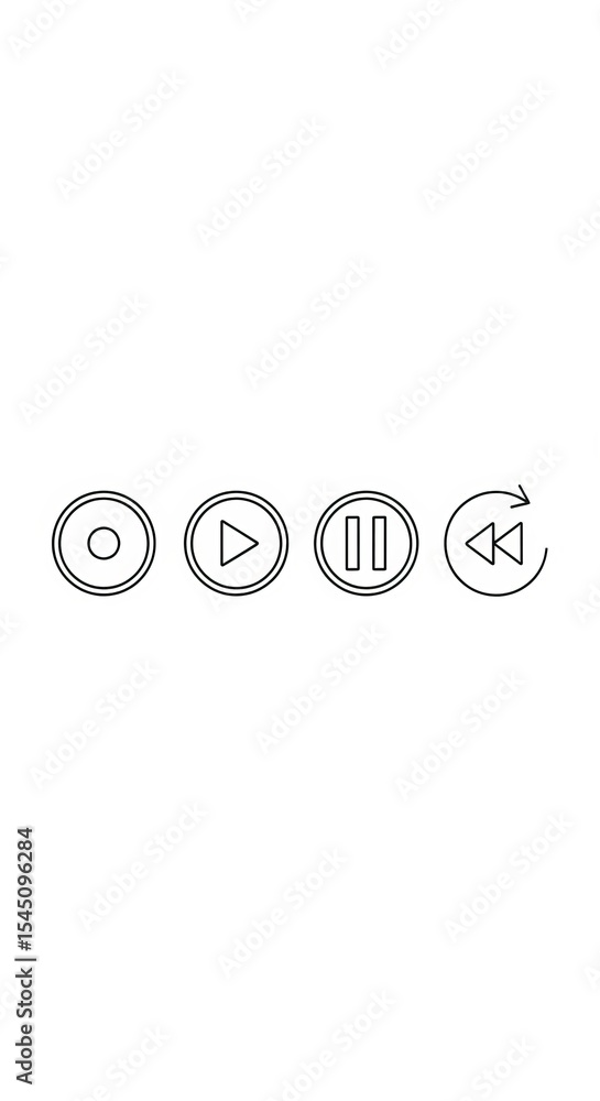 Poster minimalist illustration of media player control icons on a white background in a horizontal line