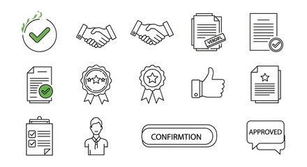 Illustration set of business icons including handshake documents and confirmation elements in black and white