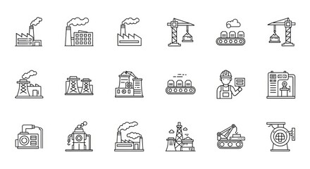 Fototapeta premium Collection of industrial and manufacturing icons in outline style representing various factory processes