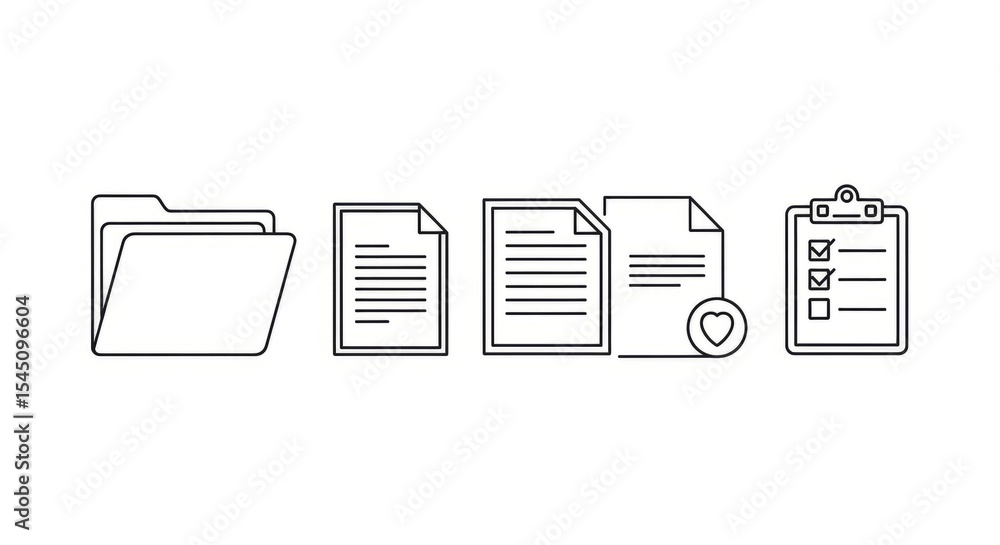 Poster illustration of a folder documents and a clipboard with checkmarks in a minimalist black and white s