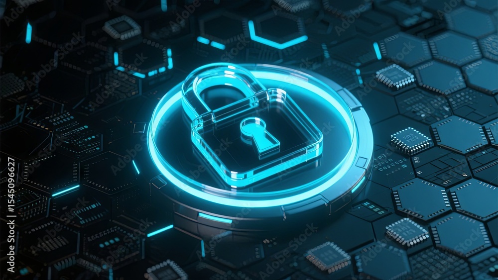 Poster a glowing digital lock symbol highlighted against a hexagonal circuit board backdrop illustrates the