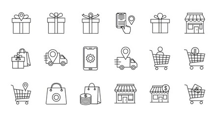 Outline icons depicting online shopping elements including gifts carts and delivery trucks displayed