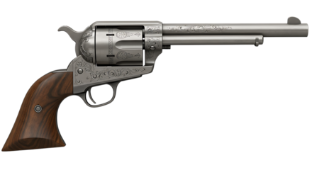 Ornate engraved silver single action revolver isolated on transparent background