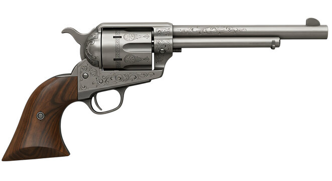 Ornate engraved silver single action revolver isolated on transparent background