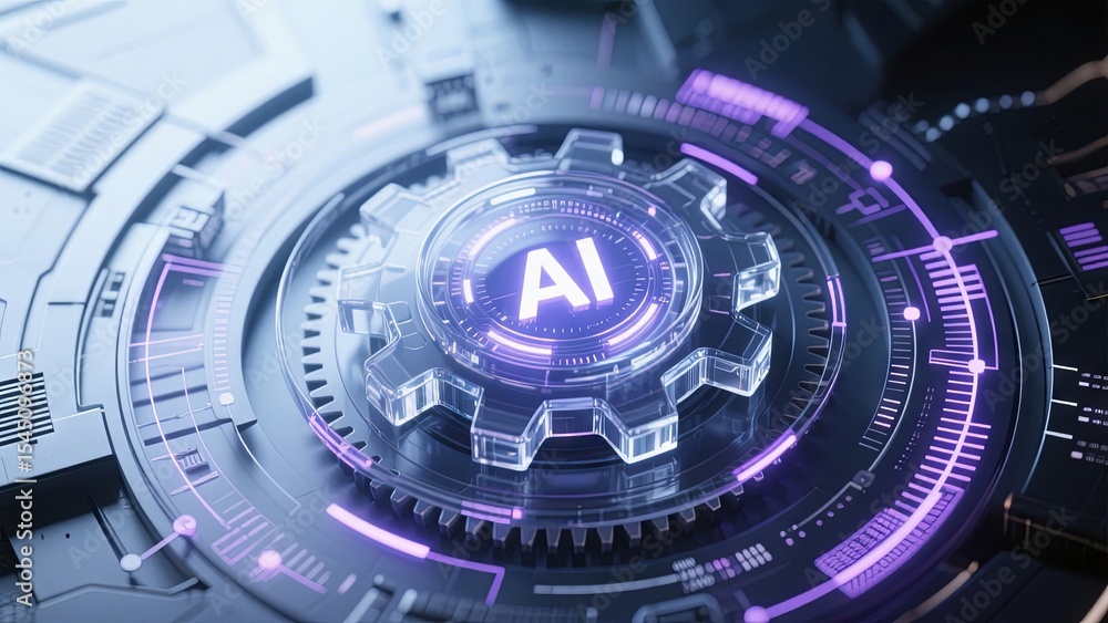 Poster a detailed display of a futuristic artificial intelligence interface, featuring intricate circuitry 
