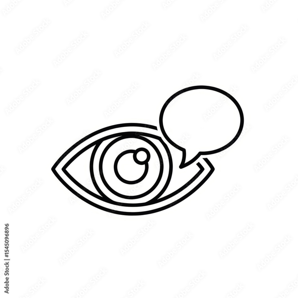 Poster eye icon with speech bubble graphic representation in black and white simple line drawing style desi