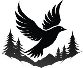 Obraz premium Flying bird silhouette over mountains and trees isolated on transparent background