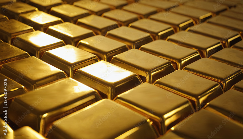 Poster shiny gold bars arranged in tight rows create a striking visual effect in a well-lit vault. the glim