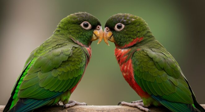 Two parakeets facing each other, vibrant colors