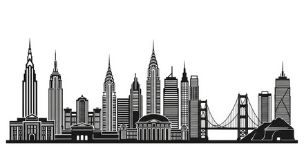 Obraz premium Black and white skyline silhouette featuring skyscrapers and a bridge against a white background