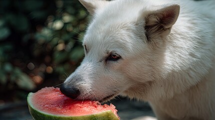White Dog Enjoying Watermelon on Hot Dog Day