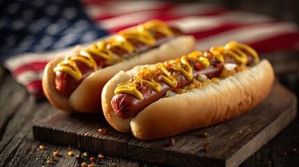 American Hot Dogs on Wooden Board for 4th of July Celebration
