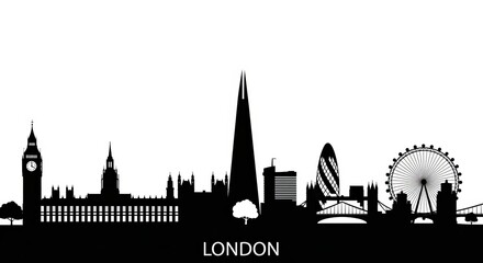 Silhouette of london skyline featuring famous landmarks against a white background in vector format