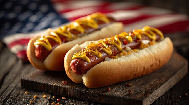 American Hot Dogs on Wooden Board for 4th of July Celebration - Powered by Adobe