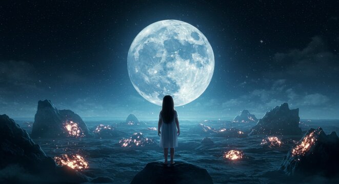 A girl in white gazes at a massive moon above a surreal, fiery landscape