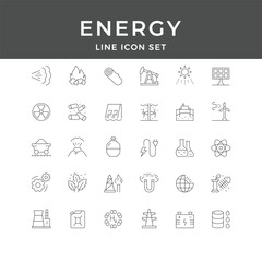 Energy Line Icon Set – Renewable, Solar, Wind, Oil, Nuclear, Power, Electricity, Fuel, Minimal Vector Collection